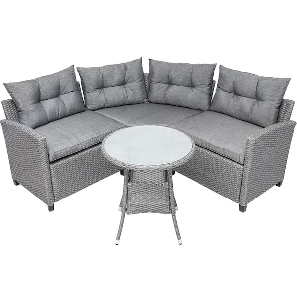 waelph 4-Piece Wicker Patio Conversation Seating Set with Round Table Gray Cushions