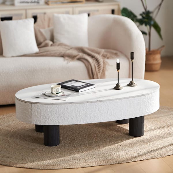 Fenton 47.2 in. White + Black Oval Wood Flip-Top Coffee Table with Hidden Drawer Storage Space Faux Marble Tabletop