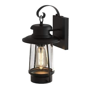 Acadian 14 in. 1-Light Black LED Outdoor Wall Light Lantern Sconce with Seeded Glass Dusk to Dawn (Bulb Included)