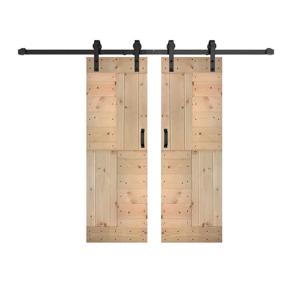 ISLIFE S Series 56 in. x 84 in. Unfinished DIY Solid Wood Double Sliding Barn Door with Hardware Kit