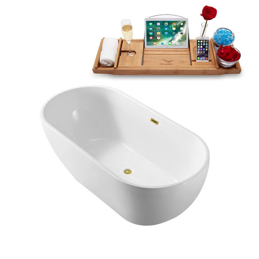 59" White Acrylic Freestanding Soaking Bathtub with Bamboo Tray