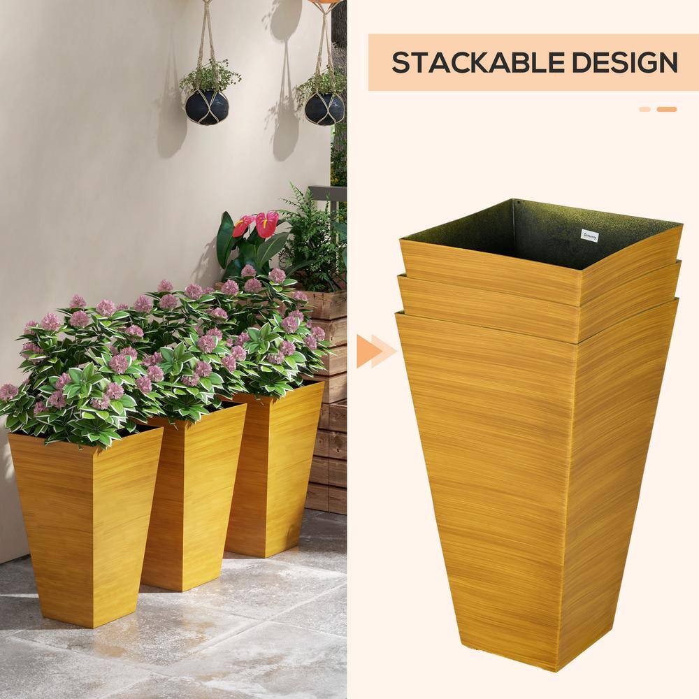 Set of 3 Light Brown Tall Faux Wood Outdoor Planters