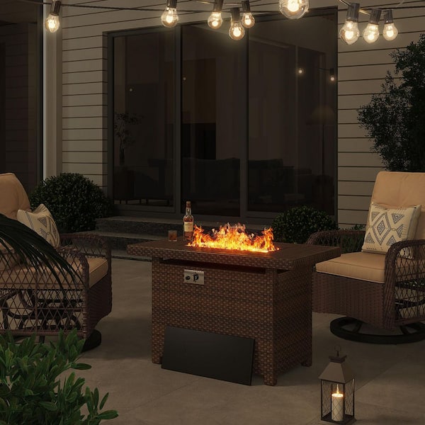 Sizzim 44 in. Wicker Rectangular Propane Gas Fire Pit Table with Wood grain tabletop And Waterproof Cover