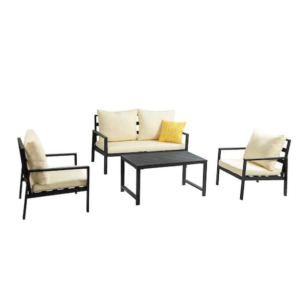 Willit 4-Piece Metal Patio Conversation Sofa Set with Beige Cushions
