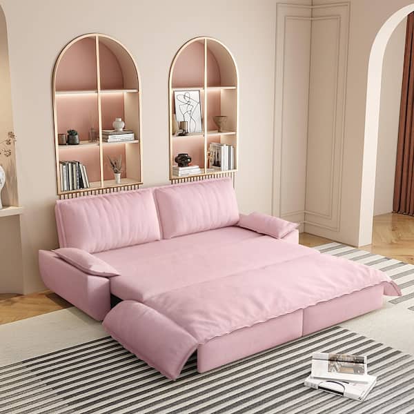 Harper & Bright Designs 73.2 in. W 3-in-1 Convertible Pink Soft Velvet Queen Size Sofa Bed with 2-Soft Pillows