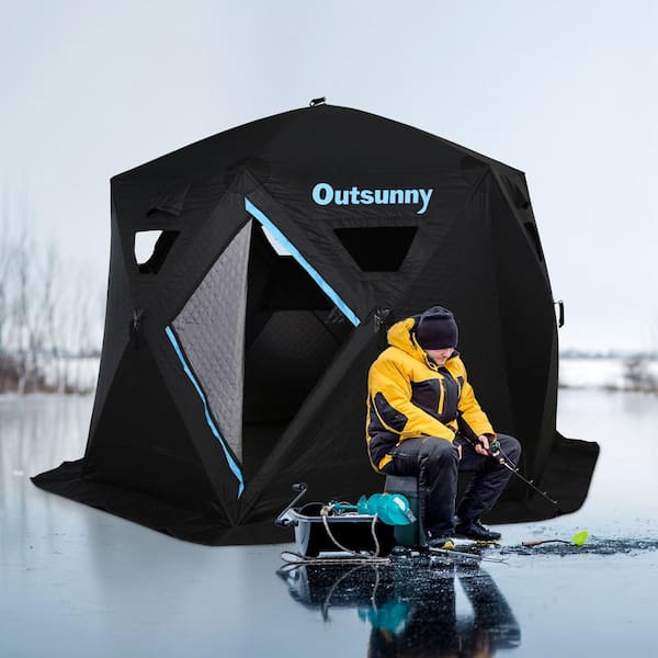 Outsunny 2-4 People Ice Fishing Shelter, Pop-Up Portable Ice Fishing Tent  with Carry Bag, Two Doors Ice Shanty for Winter Fishing, Blue 