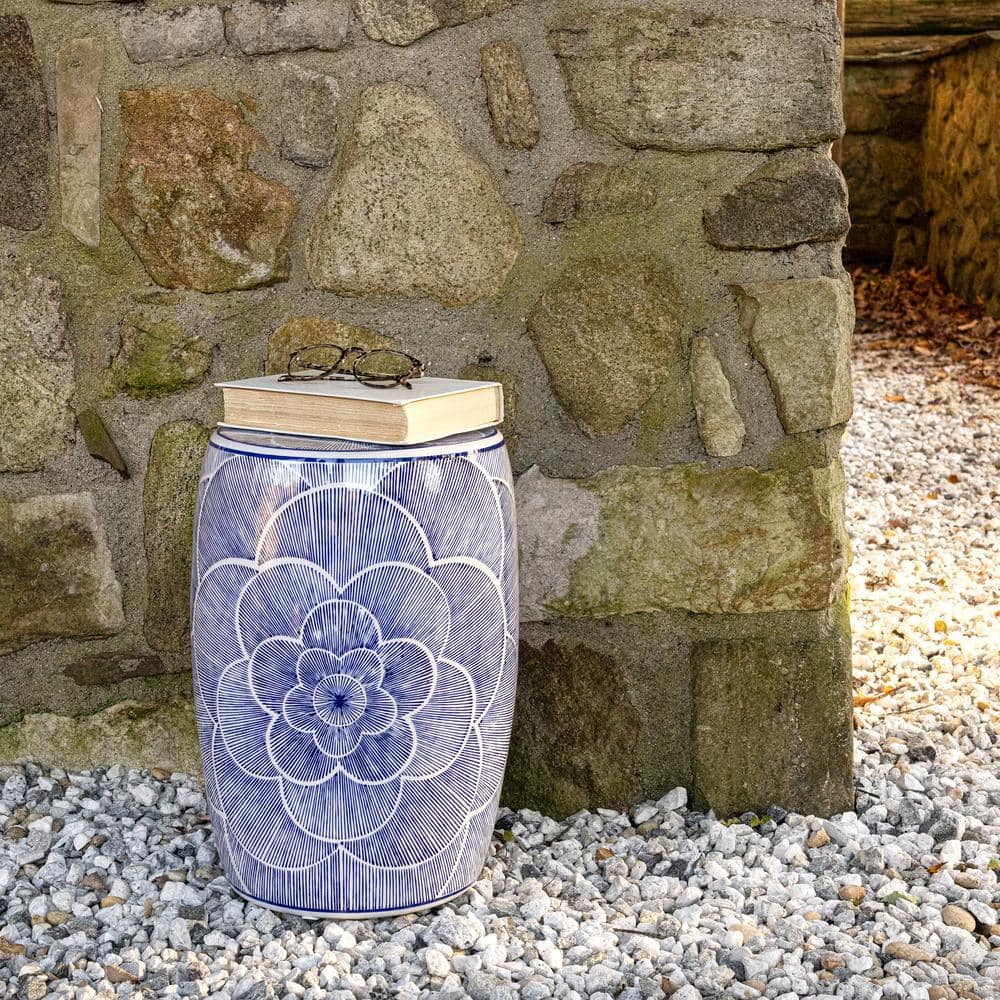 Camellia 17" White and Blue Ceramic Drum Garden Stool