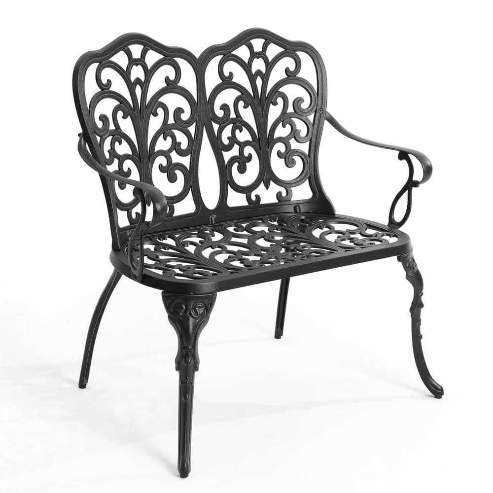 2-Person Black Rust-Resistant Aluminum Outdoor Bench for Patio, Park, Lawn