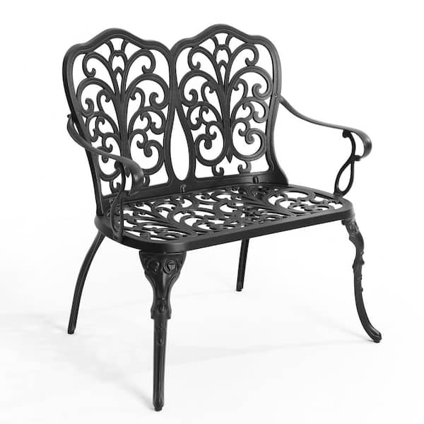 Unbranded 2-Person Black Rust-Resistant Aluminum Outdoor Bench for Patio, Park, Lawn