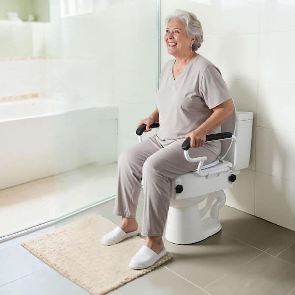 Raised Toilet Seat with Arms, 300 lbs. Load Capacity, 3-Level Adjustable Height, Commode Elevated Toilet Seat Riser