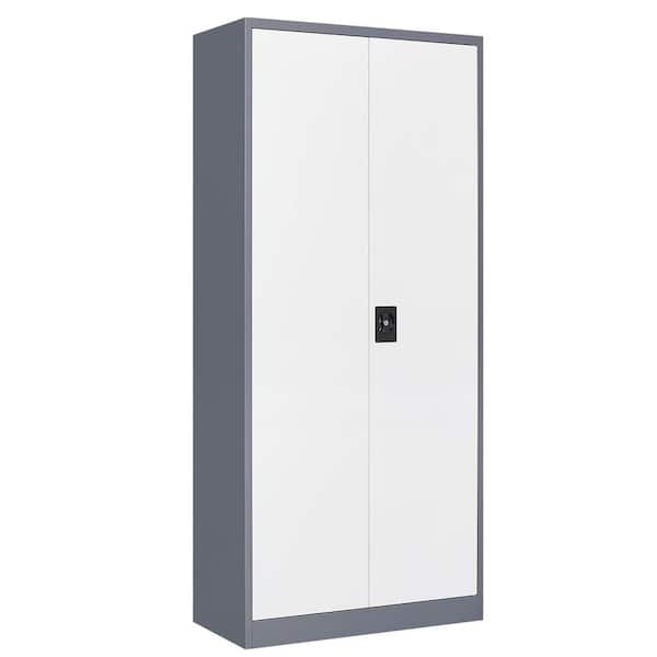 31.5 in. W x 70.87 in. H x 15.75 in. D 2-Door Steel Freestanding Cabinet with 4 Adjustable Shelves in Grey and White
