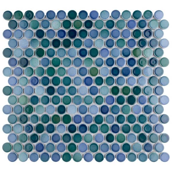 Merola Tile Hudson Penny Round Aquamarine 6 in. x 6 in. Porcelain Mosaic Take Home Tile Sample