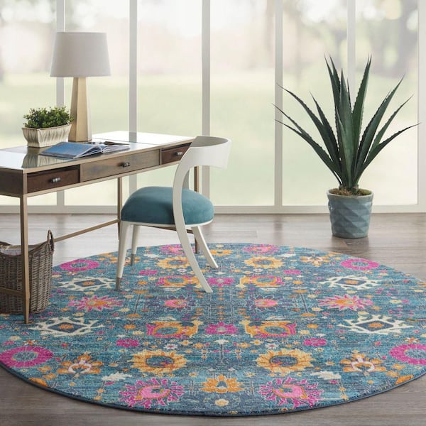Passion Denim 8 ft. x 8 ft. Floral Transitional Round Rug