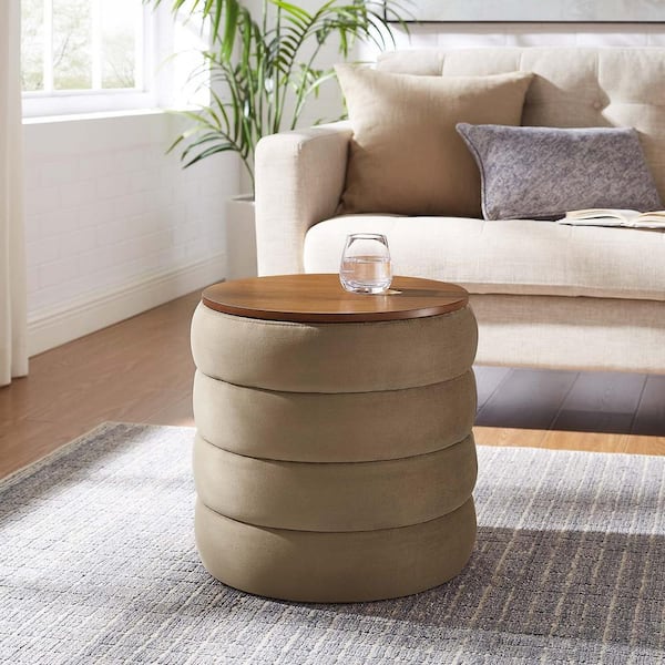 MODWAY Mezzo Round Performance Velvet Storage Ottoman in Taupe