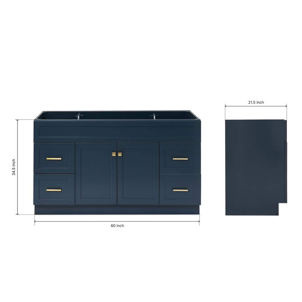Midnight Blue 60" Freestanding Wood Vanity Cabinet with Gold Hardware
