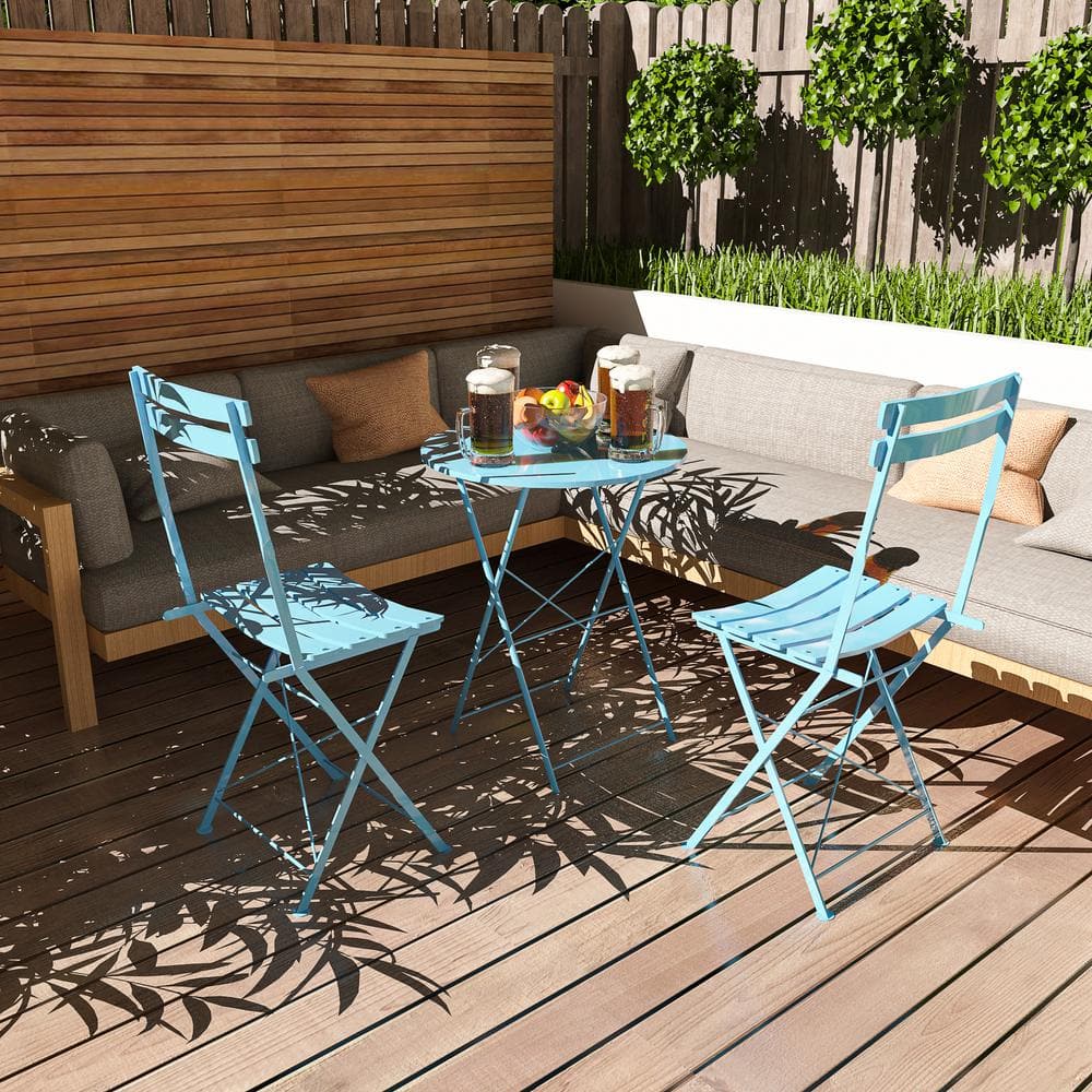 Blue 3-Piece Metal Round 14.7 in. Outdoor Bistroor Outdoor Serving Bar Set 