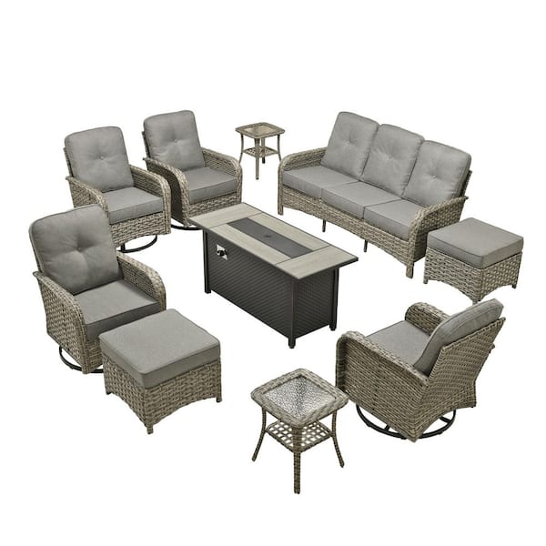 Beverly 10-Piece Wicker Patio Conversation Sofa Swivel Chairs Set with Metal Fire Pit Table and Dark Gray Cushions