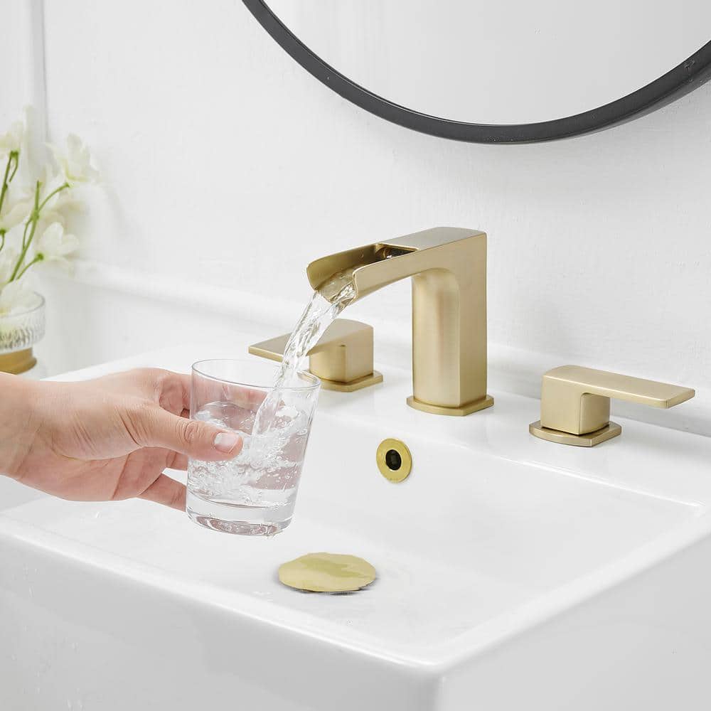 Brushed Gold 8-inch Widespread Double-Handle Waterfall Faucet Set