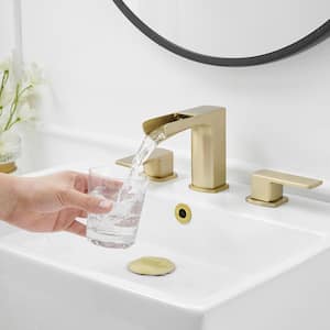 Waterfall 8 in. Widespread Double Handle Gold Bathroom Faucet Set 3 Holes Vanity Sink With Metal Drain In Brushed Gold