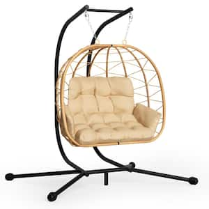 Large 2-Person Hanging Wicker Double Egg Porch Swing Chair with Stand and Beige Cushion