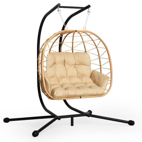 PamaPic Large 2-Person Hanging Wicker Double Egg Porch Swing Chair with Stand and Beige Cushion