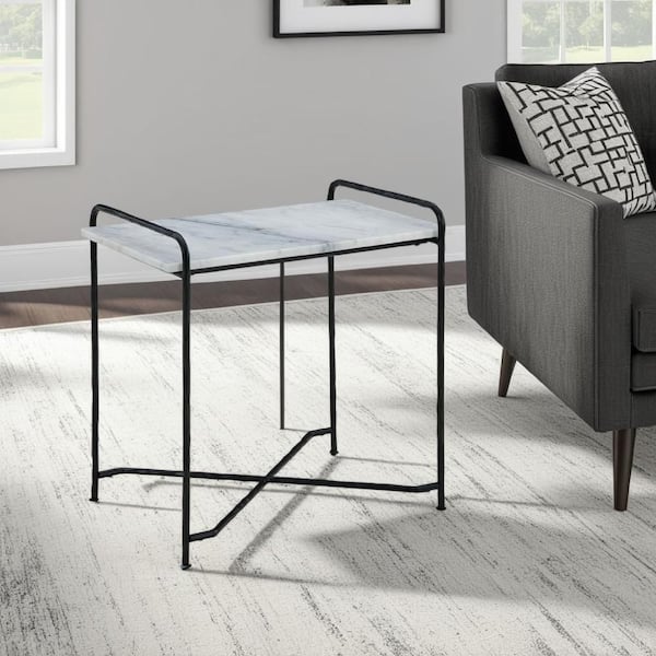 Benjara 22 in. White and Black Rectangle Marble End Table with Metal Legs
