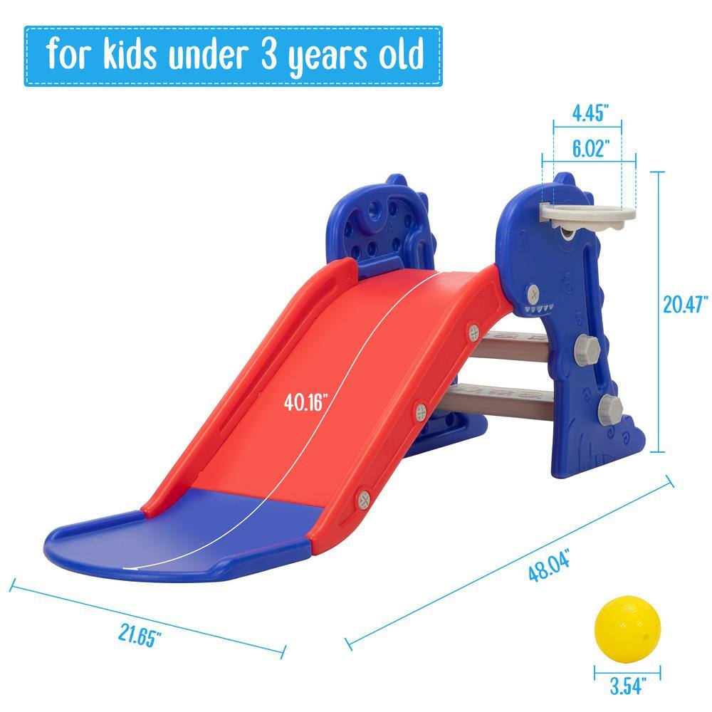 Blue and Red Dinosaur 3-in-1 Toddler Slide with Ladder and Hoop