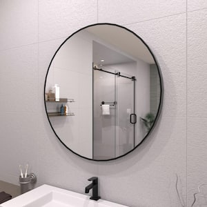 32 in. W x 32 in. H Round Framed Wall Bathroom Vanity Mirror in Matte Black