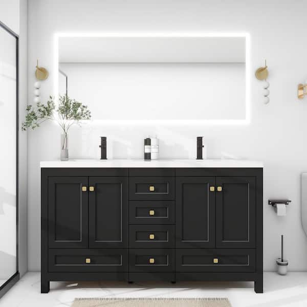 60 in. W. x 18 in. D x 34 in. H Double Sinks Freestanding Black Bath Vanity with White Integrated Composite Resin Top