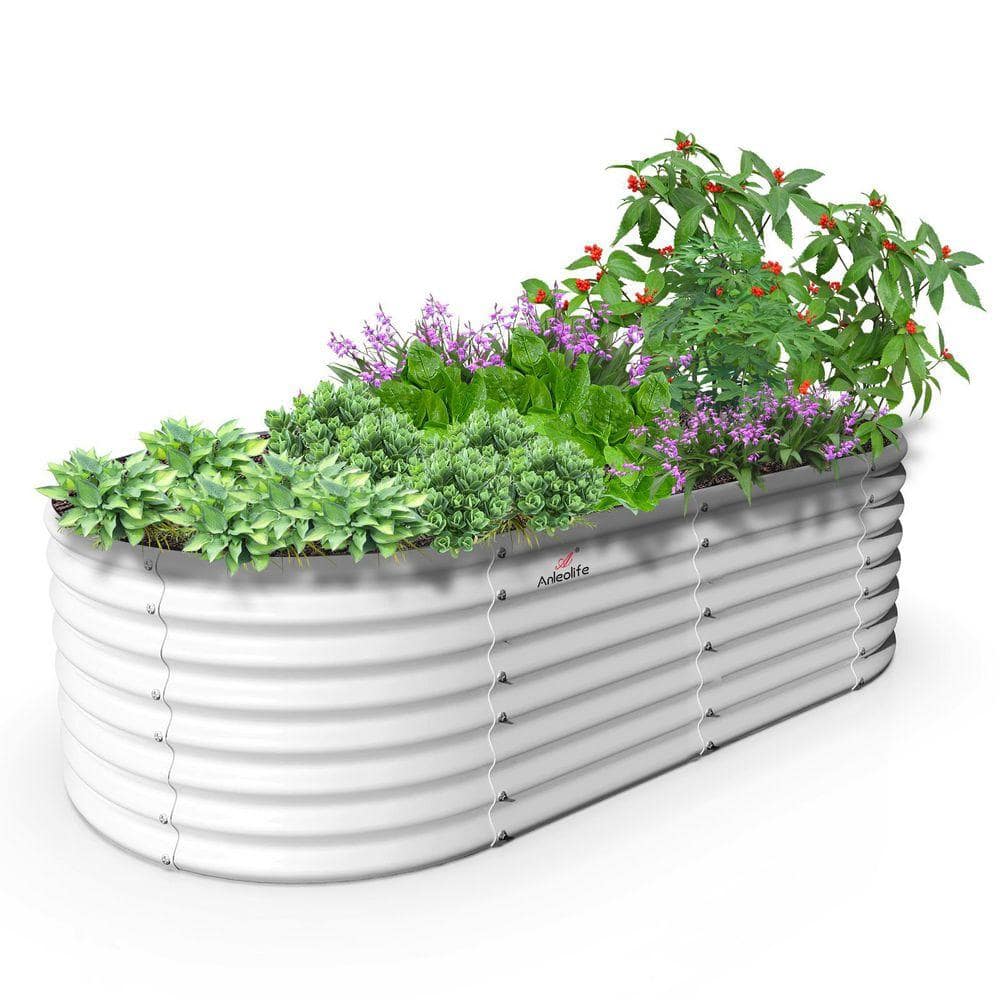 Planting Storage Box A Anleolife White Metal Oval Raised Garden Bed Planter Box for Planting ...
