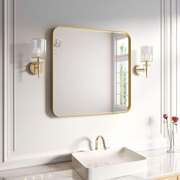 36 in. W x 36 in. H Rectangular Aluminum Framed Wall Bathroom Vanity Wall Mount Mirror in Gold