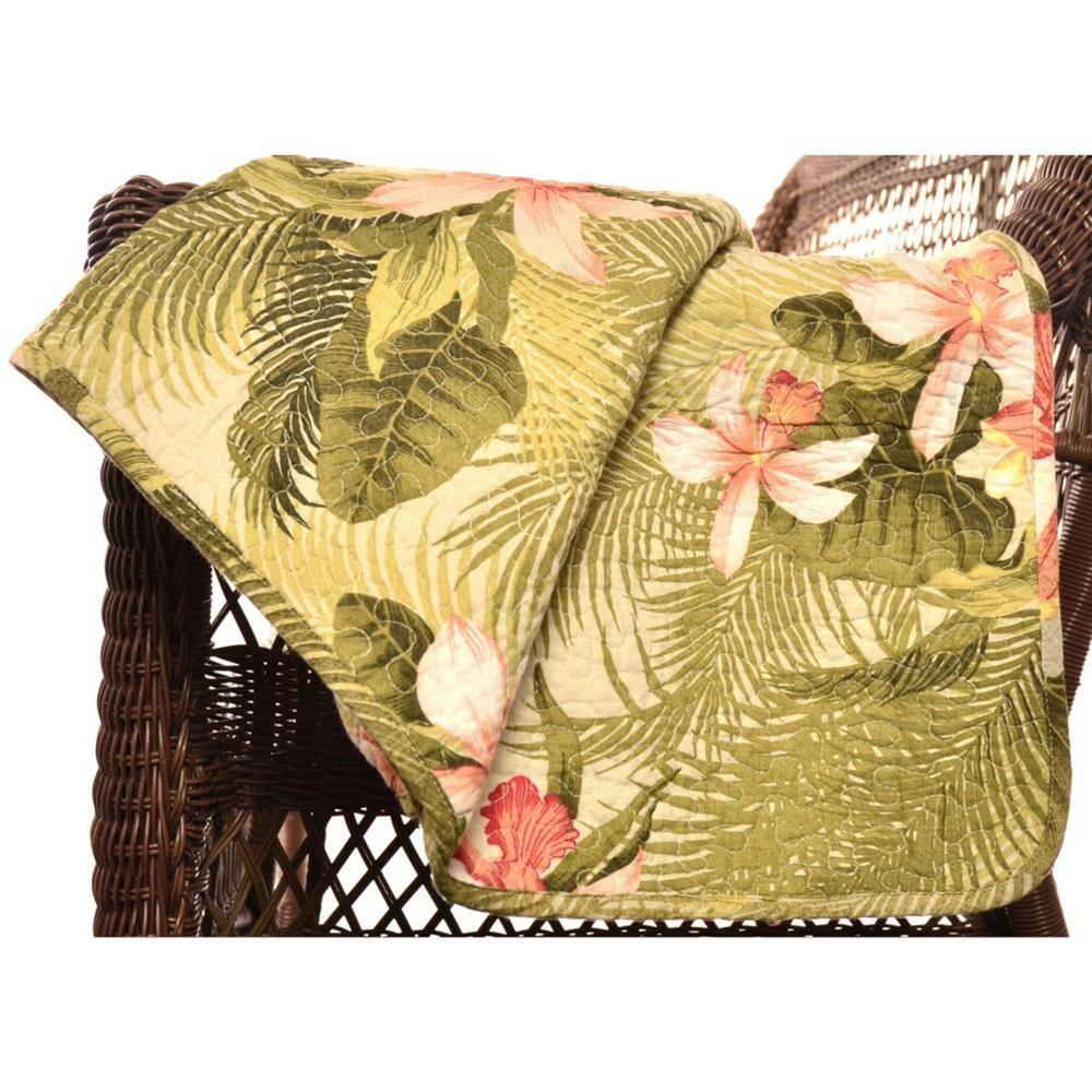 Tropical Orchid Green Cotton Reversible Throw Blanket