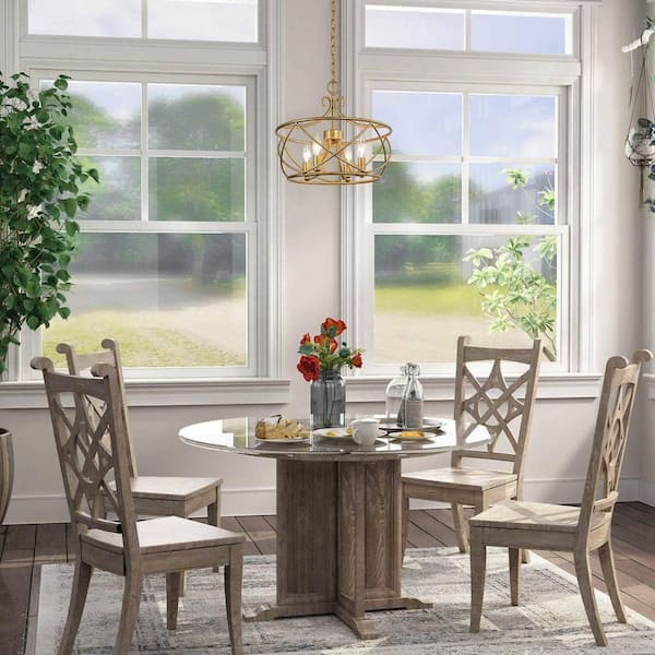 Mid-Century Modern Dining Room Chandelier 4-Light Antique Gold Drum Chandelier