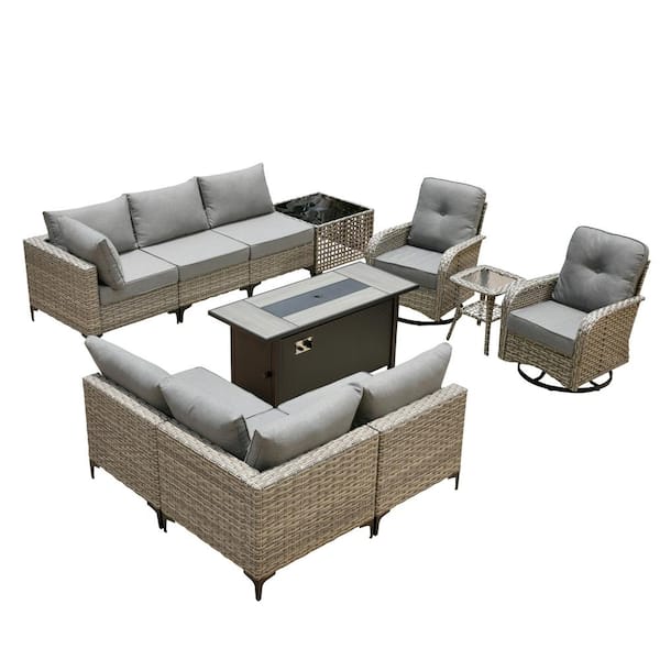 Howell 11-Piece Wicker Outdoor Furniture Patio Fire Pit Conversation Sofa Set with Swivel Chairs and Dark Grey Cushions