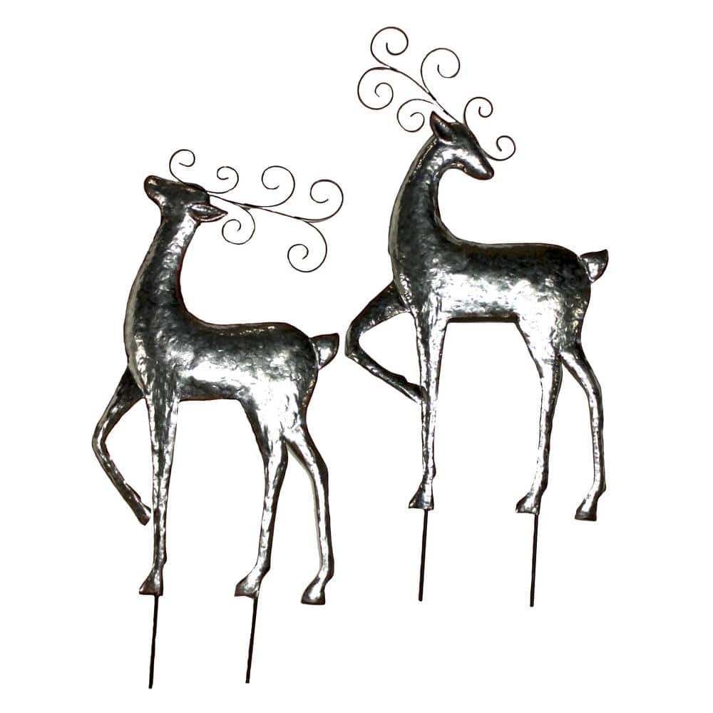 29 in. Shiny Silver Galvanized Reindeer Yard Stake (Set of 2) 8374 ...