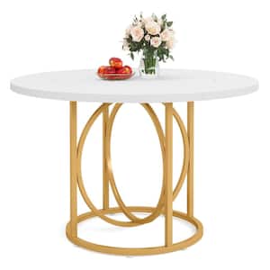 Modern White Gold Wood 47 in. Pedestal Dining Table Round Kitchen Table Seats 4 to 6