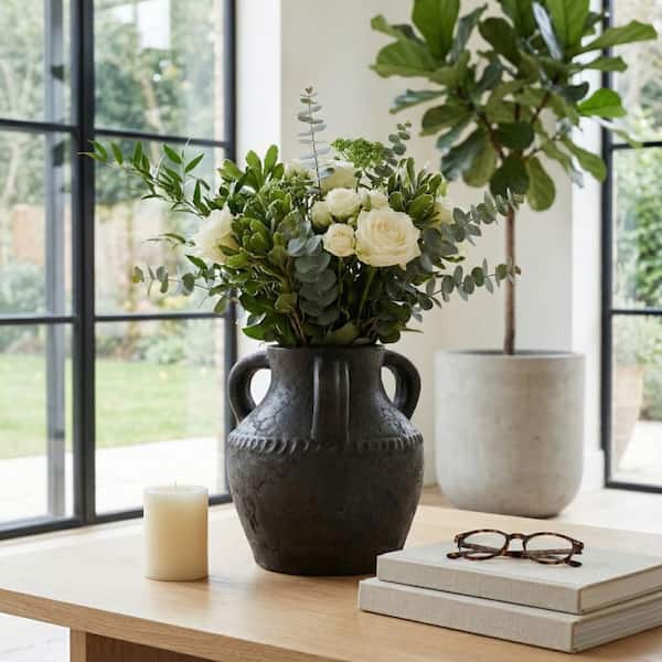 Liv & Skye 9.75 in. Black Ceramic Amphora Decorative Vase with