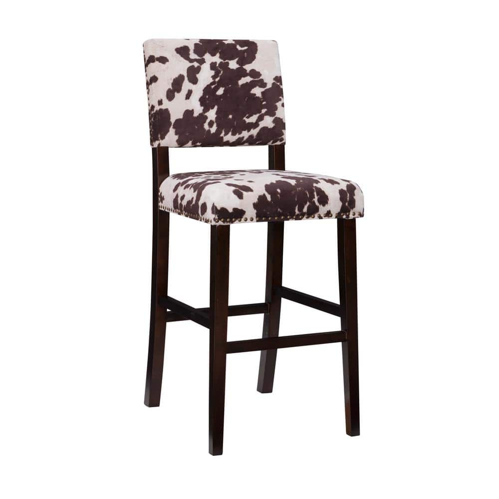 Carolyn 30 in. Brown High Back Wood Counter Stool with Cow Print Polyester 