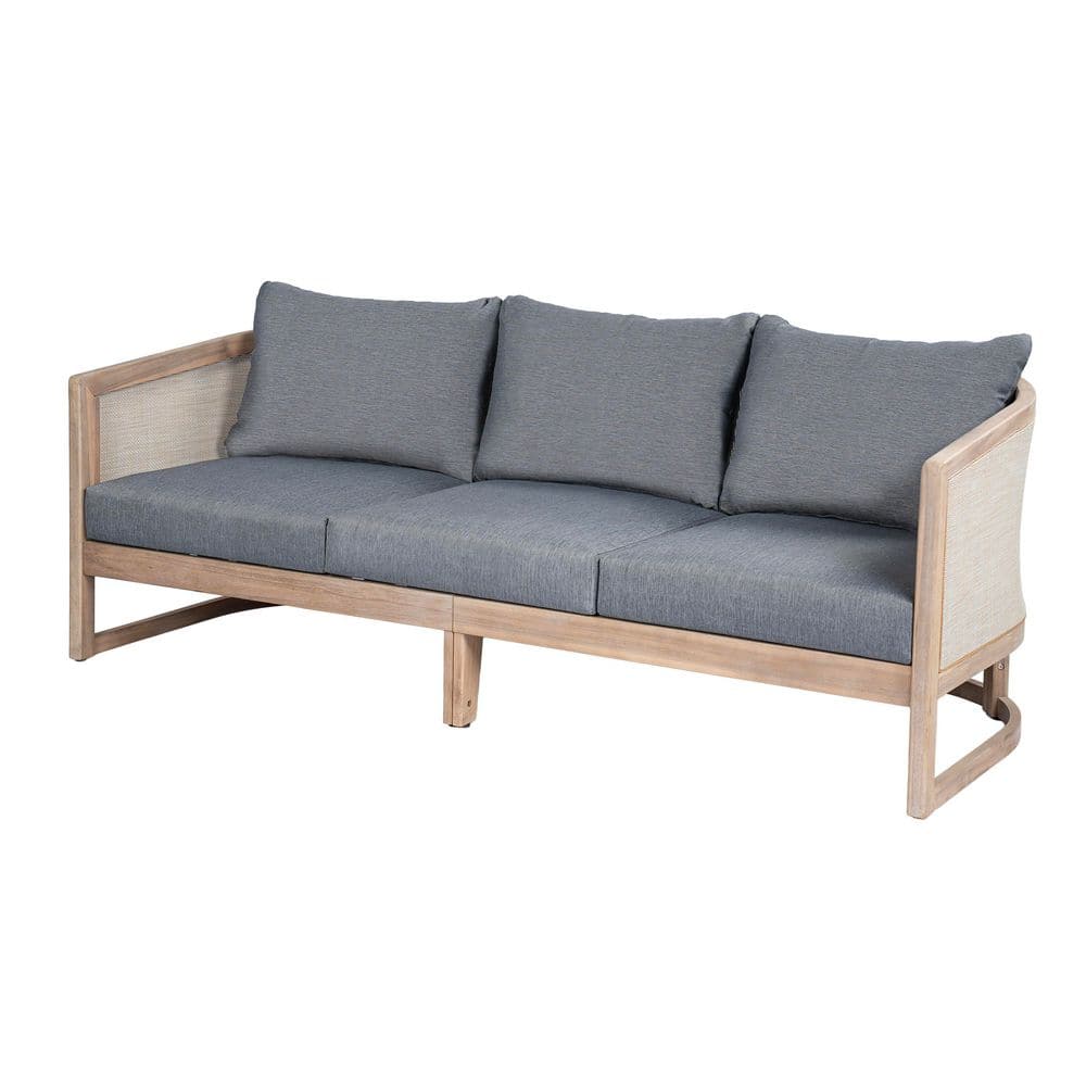 Bernie Modern Teak Finish Solid Wood Outdoor Couch Curved Patio 3 Seater Sofa with Gray Cushions price history on PriceWatchPro