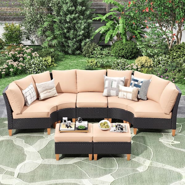 7 Piece Wicker Outdoor Patio Furniture Set, Half-Moon Sectional Patio Conversation Set with Beige Cushions