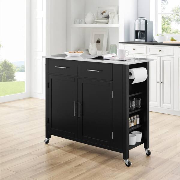 Crosley Furniture Savannah Black With, Crosley Stainless Steel Top Rolling Kitchen Cart Island With Removable Shelf