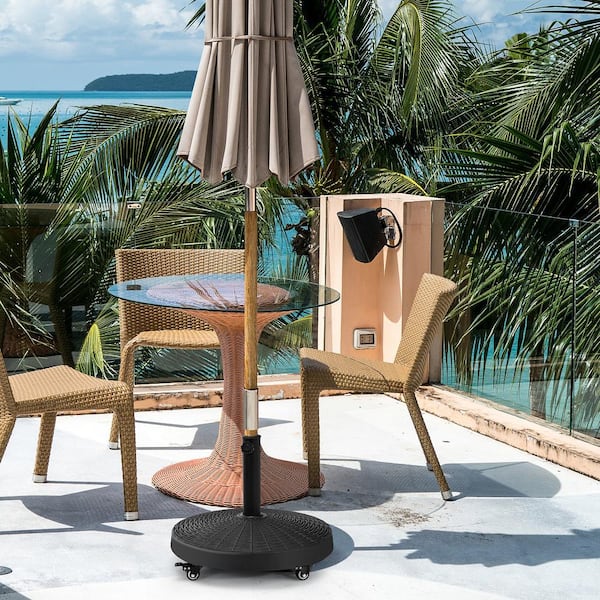 50 lbs. Round Resin Patio Umbrella Base Stand Holder with Lockable Wheels in Black