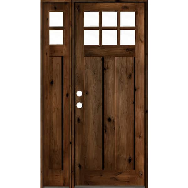 56 in. x 96 in. Craftsman Alder 2 Panel Right-Hand 6 Lite Clear Glass Provincial Wood Prehung Front Door /Left Sidelite