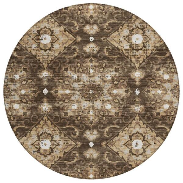 Chantille Machine Washable Indoor/Outdoor Abstract ACN3155 Chocolate 8 ft. x 8 ft. Round Rug