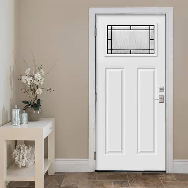 36 in. x 80 in. Right-Hand/Inswing Wendover Craftsman Decorative Glass Primed Steel Prehung Front Door with Brickmould 36 in. x 80 in. Right-Hand/Inswing Wendover Craftsman Decorative Glass Primed Steel Prehung Front Door with Brickmould