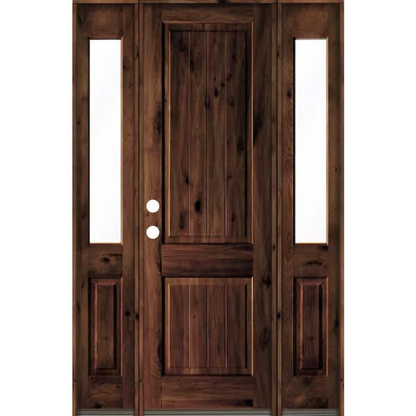 Krosswood Doors 60 in. x 96 in. Rustic Alder Square Top Red Mahogany Stained Wood with V-Groove Right Hand Single Prehung Front Door