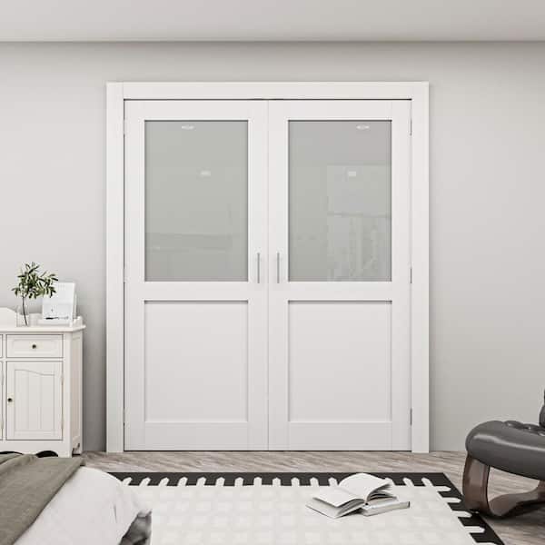 64 in. x 80 in. 1/2-Lite Frosted Glass White Solid Core Finished Glass French Door Panels Bi-Fold Door with Ball Catch