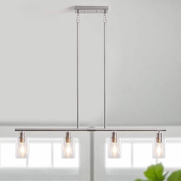 LWYTJO Delmis 4-Light Nickel Pendant Kitchen Linearlsland Rustic Chandelier with Clear Glass Shade for Living Dining Room Foyer