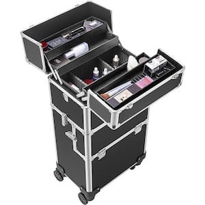 3-in-1 Aluminum Cosmetic Organizer Box with Shoulder Straps in Black
