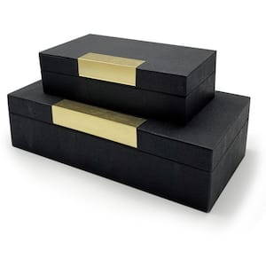 Black Faux Leather Decorativ Box with Gold Accent and Lid 2-Pack